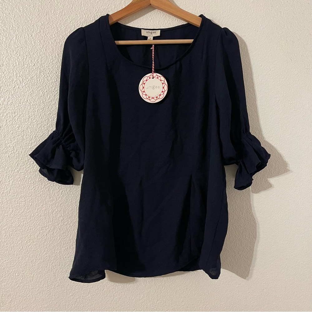 Umgee Women’s Dark Blue Ruffle Sleeve Blouse Size Small